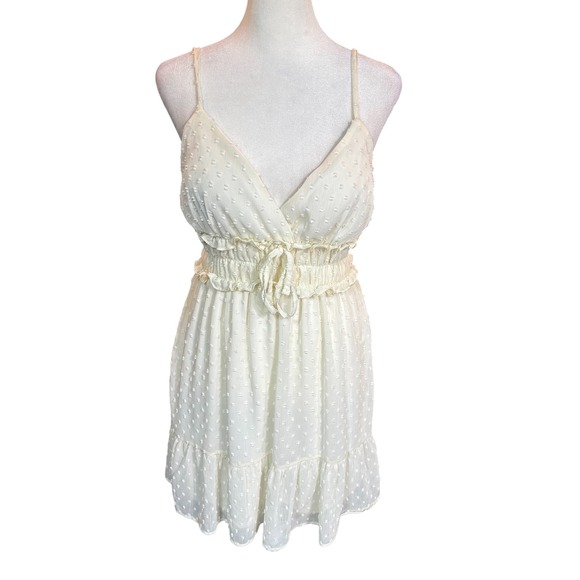 Wishful Thinking Dresses & Skirts - Wishful Thinking Cream Swiss Dot Mini Dress Smocked Waist Ruffle Hem Medium #390
